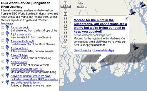 BBC World Service Bangladesh River Journey GeoRSS feed plotted on to Google Maps